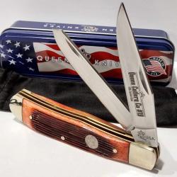 Couteau Queen USA Trapper Amber Winterbottom Bone Lames Acier Carbone 1095 Manche Os USA QAWB54