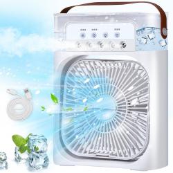 Ventilateur Portable 3-en-1 USB - Climatiseur, Humidificateur & Éclairage LED - Avec anse Blanc