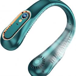 Ventilateur de Cou USB Rechargeable - 5 Vitesses - Écran Digital - Vert
