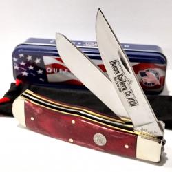 Couteau Queen USA Trapper Lames Acier Carbone 1095 Manche Os Rouge Made in USA Boite Métal QRSB206L
