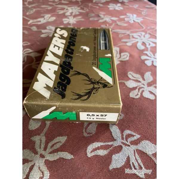 UNE BOITE DE CARTOUCHES COMPLETE  MAYER'S 6,5 X 57 NOSLER PARTITION 7,5 g
