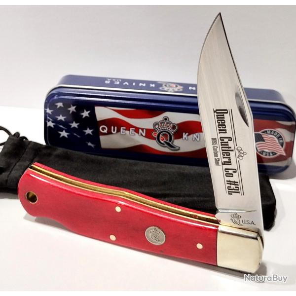 Couteau Queen Cutlery Red Bone Lame Acier Carbone 1095 Manche Os Lockback Boite Mtal USA QRSB106L