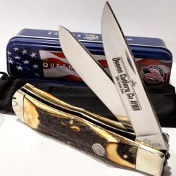 Couteau Queen USA Trapper Lames Acier Carbone 1095 Manche Corne Daim Boite Métal Made USA QGSH206L