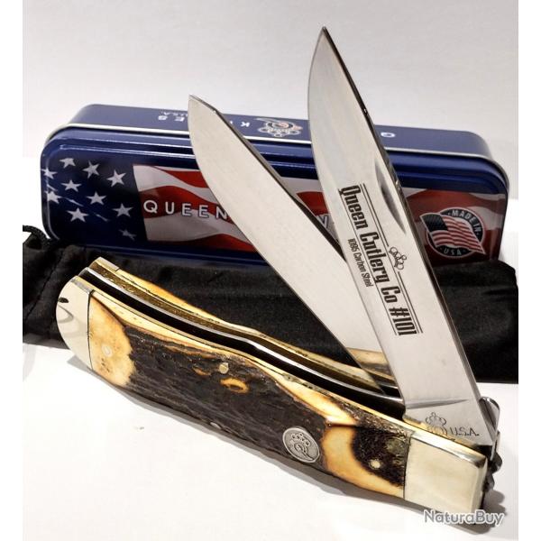 Couteau Queen USA Trapper Lames Acier Carbone 1095 Manche Corne Daim Boite Mtal Made USA QGSH206L