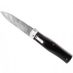 Couteau automatique MIKOV PREDATOR  lame damas inox, manche 12 cm corne de buffle. Etui cuir noir