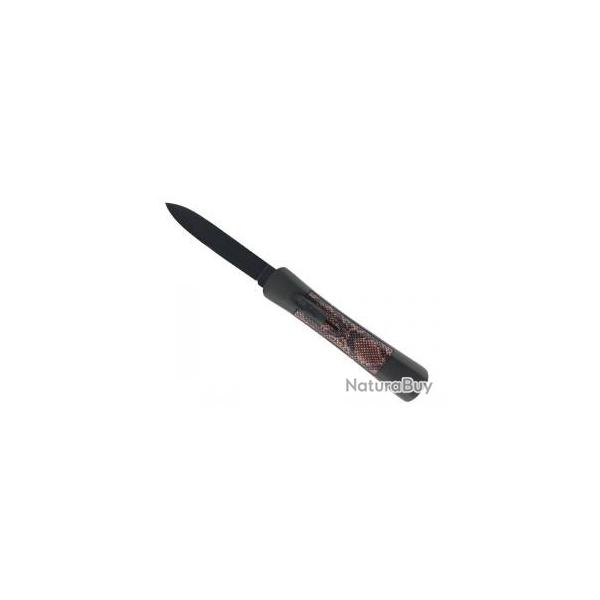Couteau jectable  700 , lame noire inox, manche 12 cm noir/faon peau de serpent fonc