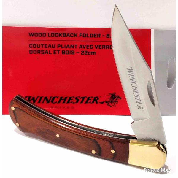 Couteau Winchester Large Wood Lame Acier Inox Poigne Bois Lockback Clip WN6220020W