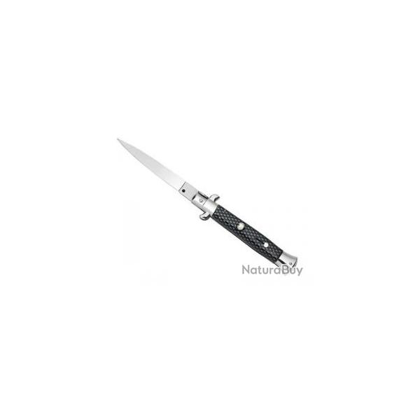 Couteau automatique manche 12 cm faon fibre de carbone, mitre basculante, inox.