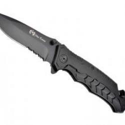 Couteau Max Knives lame noire semi-dentée acier 3Cr13 avec « flipper »