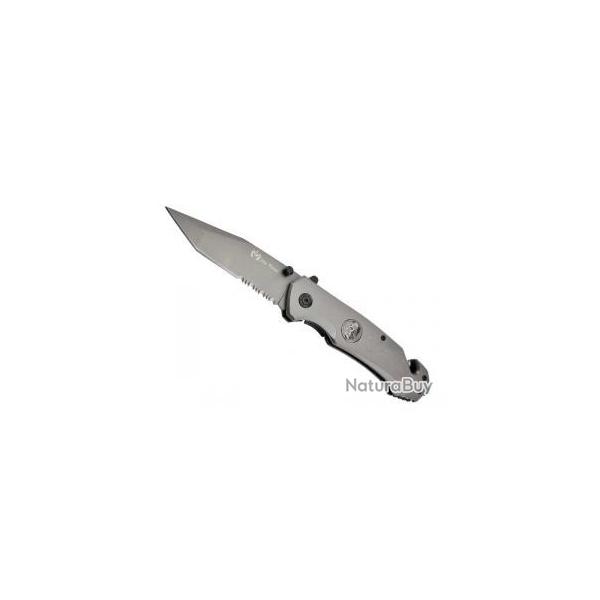 Couteau Max Knives lame noire semi-dente acier 3Cr13 avec  flipper  tte de mort incrust manche