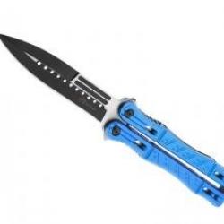 Couteau papillon Max Knives lame noire à trous acier inox, manche à trous 13 cm bleu