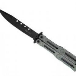 Couteau papillon Max Knives lame noire à trous acier inox, manche 13 cm gris/vert