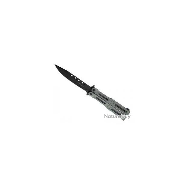 Couteau papillon Max Knives lame noire  trous acier inox, manche 13 cm gris/vert