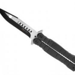 Couteau papillon Max Knives lame noire à trous acier inox, manche 13 cm noir