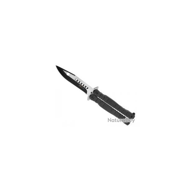Couteau papillon Max Knives lame noire  trous acier inox, manche 13 cm noir