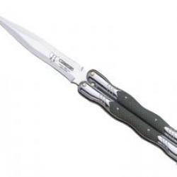 Couteau papillon CUDEMAN, lame acier 420, manche chromé/plaquettes nylon vert.