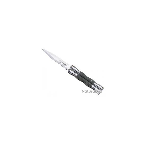 Couteau papillon CUDEMAN, lame acier 420, manche chrom/plaquettes nylon vert.