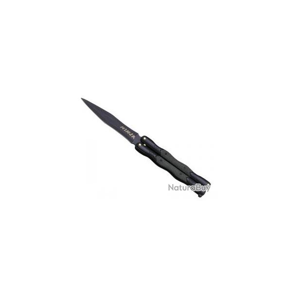 Couteau papillon CUDEMAN lame noire acier 420 marquage manche inox noir/plaquettes nylon vert