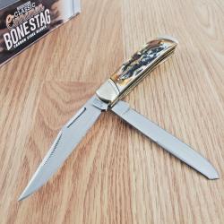 Couteau Rough Ryder Trapper Cinnamon Bone Stag 2 Lames Acier Carbone Poignée Os Cerfé RR2420