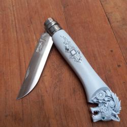 Unique Couteau OPINEL N8 Inox Manche en Résine Custom Téte de Loup