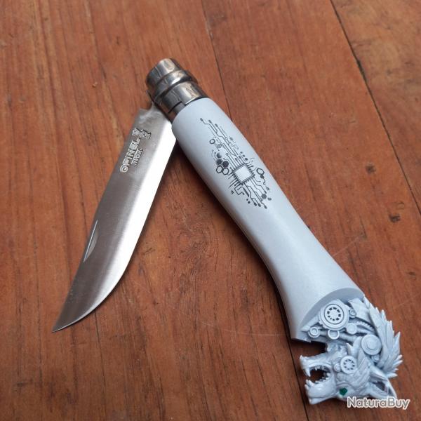 Unique Couteau OPINEL N8 Inox Manche en Rsine Custom Tte de Loup