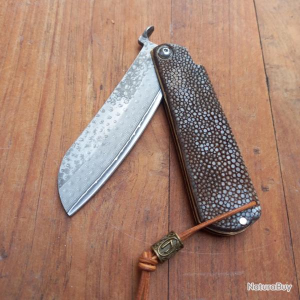 Unique Couteau JAPONAIS HIGONOKAMI DAMAS Manche en peau de GALUCHAT