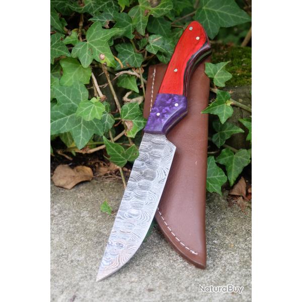 Couteau Skinner Damas Lame Martele Acier 256 Couches Manche Bois/Rsine Etui Cuir Fabric Artisanale