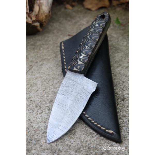 Skinner Couteau de Chasse Damas Lame 256 Couches Manche Bois Green/Tan 3D Fabr Artisanale Etui Cuir