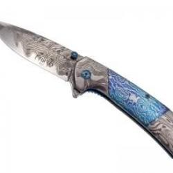 Couteau Third lame à trou acier inox 420 avec flipper + impression 3D décor damas + manche bleu