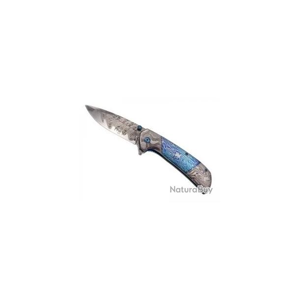 Couteau Third lame  trou acier inox 420 avec flipper + impression 3D dcor damas + manche bleu