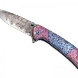 Couteau Third lame à trou acier inox 420 avec flipper + impression 3D décor damas + manche bleu/rose