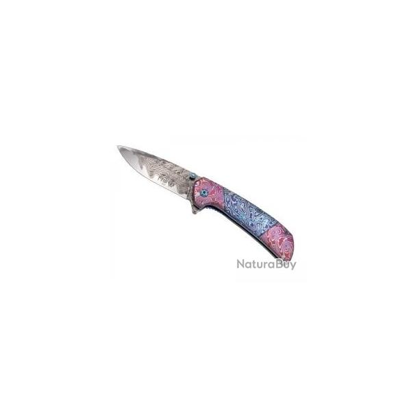 Couteau Third lame  trou acier inox 420 avec flipper + impression 3D dcor damas + manche bleu/rose