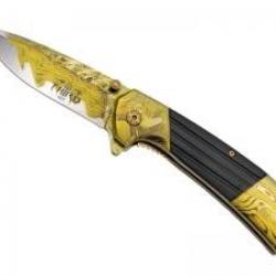 Couteau Third lame à trou acier inox 420 avec flipper + impression 3D décor damas + manche jaune
