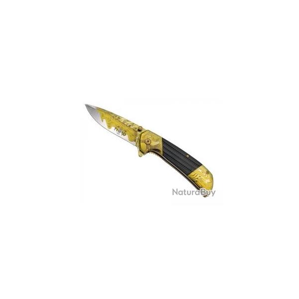 Couteau Third lame  trou acier inox 420 avec flipper + impression 3D dcor damas + manche jaune