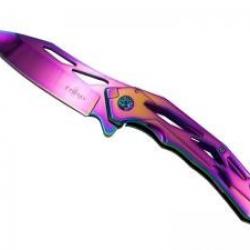Couteau Third lame à trou acier inox 420 avec flipper +finition arc-en-ciel