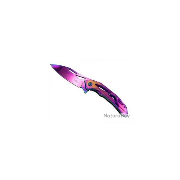 Couteau Third lame  trou acier inox 420 avec flipper +finition arc-en-ciel