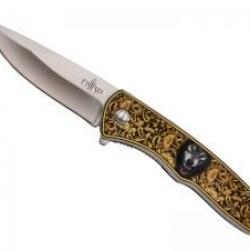 Couteau Third  lame acier inox 420 avec flipper + impression 3D motif floral et décor loup