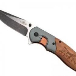 Couteau Third lame acier inox 420 finition blackwash avec flipper décor gravé aigle