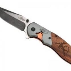 Couteau Third lame acier inox 420 finition blackwash avec flipper décor gravé cerf
