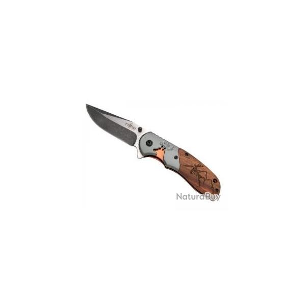 Couteau Third lame acier inox 420 finition blackwash avec flipper dcor grav cerf