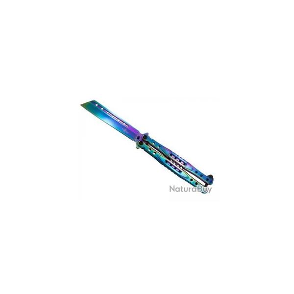 Couteau Third lame  trous acier inox 420, manche  trous 12 cm acier inox. Finition  arc-en-ciel 
