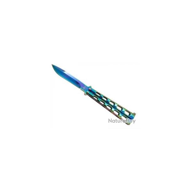 Couteau Third  lame acier inox 420, manche  trous 12,5 cm acier inox. Finition  arc-en-ciel 