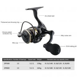 moulinet en métal série ZP 500/800 légers 13 + 1BB rapport de vitesse élevé 5.2: 1 Mini moulinet ZP5