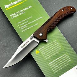 Couteau Remington Woodland Linerlock Lame Acier 440 Manche Bois Clip