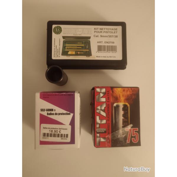 Cartouches Titan, adaptateur, balles et kit de nettoyage.