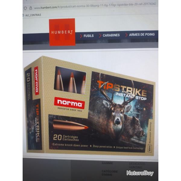 Bote de 20 munitions norma tipstrike calibre 30-06 spring 11.0g 170gr
