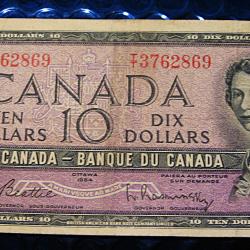 0CANADA billet de 10 dollars de 1954 Ottawa Elizabeth II