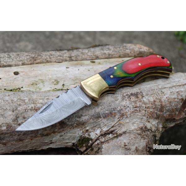 Couteau Lame Damas 128 Couches Manche Bois Arlequin Faon Buck 112 Lockback Fabr Artisanale