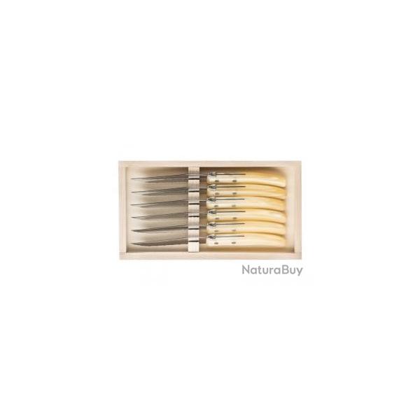 Coffret 6 couteaux steak Laguiole par C. DOZORME, 22 cm, inox brillant  dents manche nacrine