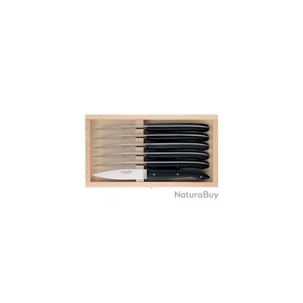 Coffret 6 couteaux steak  LE CAPUCIN  par C. DOZORME, 23 cm inox, manche mthacrylate noir.